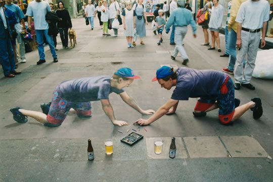 Self-Portrait of Artist with Liquid Refreshment - 3D Pavement Painting by Julian Beever